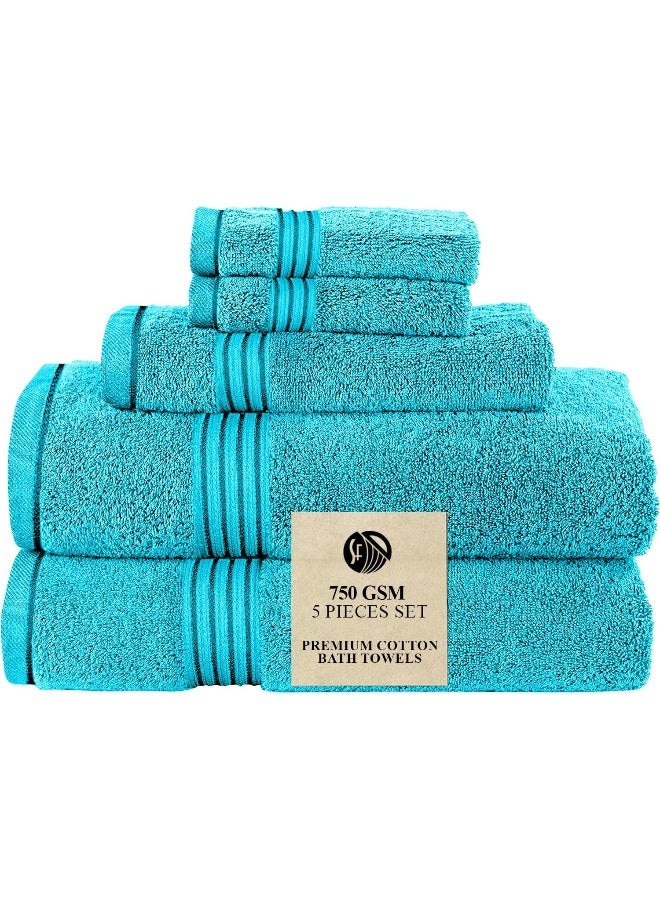 Somer Field - Towels - Premium Quality 5 Piece Soft 100% Cotton 750 GSM Highly Absorbent Bathroom Towels Set (1 Beach Towel + 1 Bath Towel + 1 Hand Towel + 2 Face Towel (Light Blue)