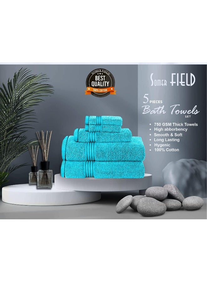 Somer Field - Towels - Premium Quality 5 Piece Soft 100% Cotton 750 GSM Highly Absorbent Bathroom Towels Set (1 Beach Towel + 1 Bath Towel + 1 Hand Towel + 2 Face Towel (Light Blue)