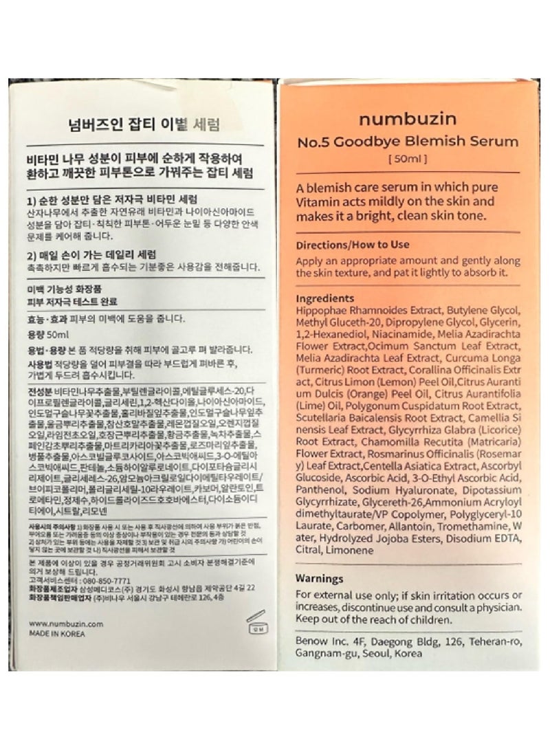 numbuzin No.5 Goodbye Blemish Serum | Blemish Serum for Dark Spots, Acne Scars with Vitamin C, Niacinamide, Antioxidant | Lightweight Gel, Korean Skin Care for Face | 1.69 Fl Oz