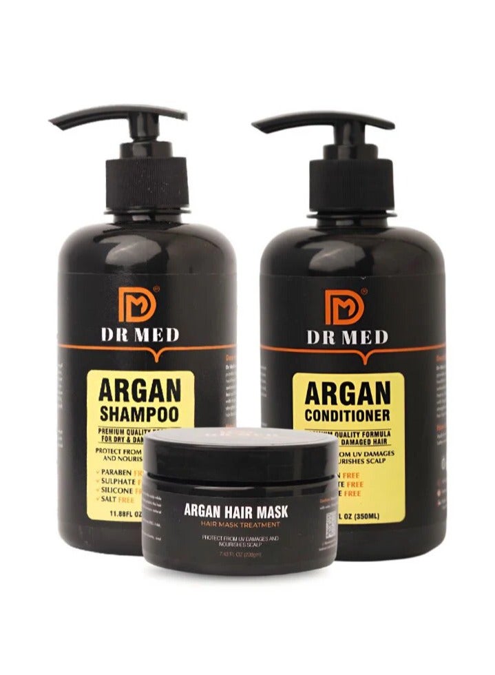 DR MED Argan Nourishing Haircare Set for Silky hair, nfused with the rejuvenating properties of argan oil, this shampoo gently removes impurities while drenching your hair with moisture. (pack of 3)