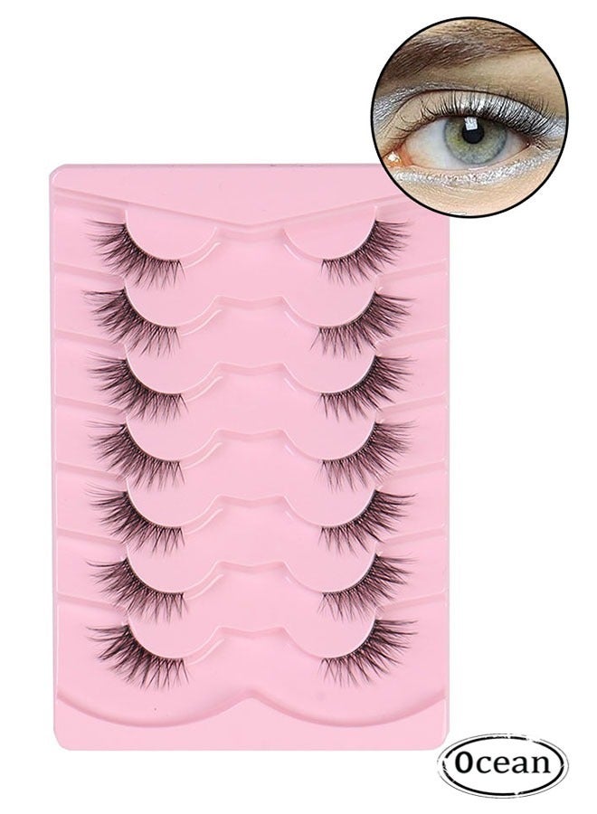 Half False Eyelashes 7 Pairs, Natural Cat Eye False Lashes, Curl Lashes Extension Strip Eyelashes, Fluffy Natural Reusable, Bright and Enlarged Eye