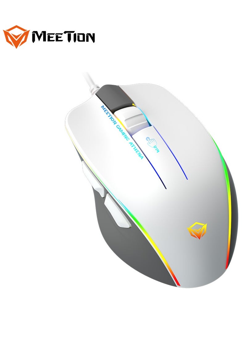 Meetion 2023 RGB Circulation Backlit Gaming Mouse GM23 RGB circulation Backlit Gaming temperament ergonomic design for right hands DPI is adjustable to meet the needs of all kinds of games (White)