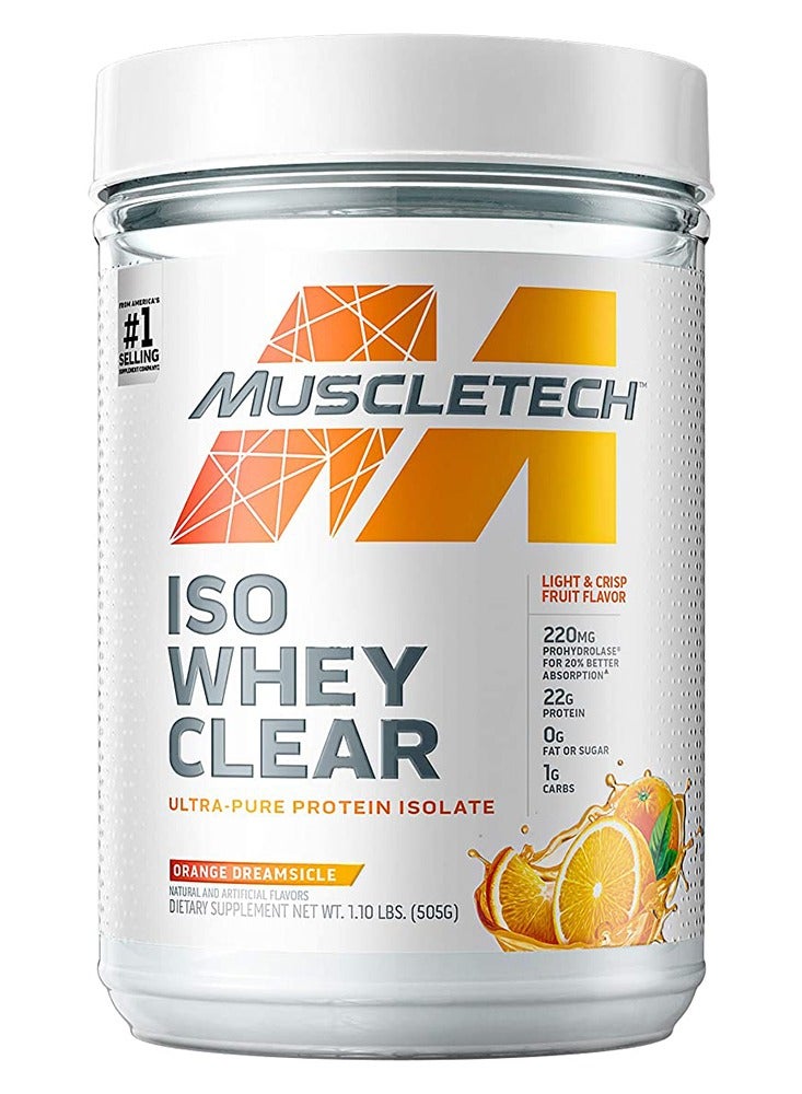 Whey Protein Powder - MuscleTech Clear Whey Protein Isolate- Whey Isolate Protein Powder for Women & Men-Clear Protein Drink -22g of Protein, 90 Calories -Orange Dreamsicle, 505G