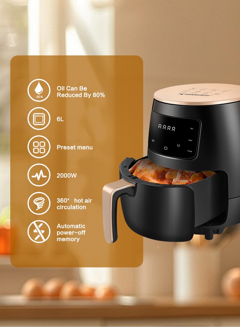 Air Fryer Smart Touch 6L Large Capacity 6 Presets, One-touch Panel, 360° Turbo Airflow Tech, LED Touch Display Countertop Healthy Oil Free Nonstick & Dishwasher-Safe Basket Air Fryer