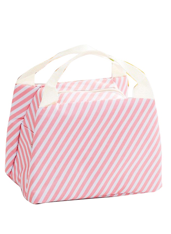 Portable Strip Printed Lunch Bag Pink/White 20.5 x 16centimeter