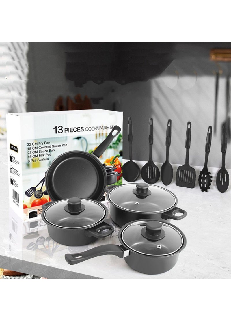 Nonstick Cookware Set 13 Pcs  | 10X Tougher Non-Stick | Healthy PFOA-Free Interior | Heat Resistant | Tempered Glass Lids | Eco-Friendly | Multiple Cooktop Compatible | Dishwasher Safe - Casseroles, Frypan, Milkpan, and Nylon Spatula with Glass Lids - Kitchen Cookware Collection