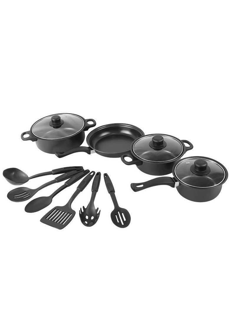 Nonstick Cookware Set 13 Pcs  | 10X Tougher Non-Stick | Healthy PFOA-Free Interior | Heat Resistant | Tempered Glass Lids | Eco-Friendly | Multiple Cooktop Compatible | Dishwasher Safe - Casseroles, Frypan, Milkpan, and Nylon Spatula with Glass Lids - Kitchen Cookware Collection