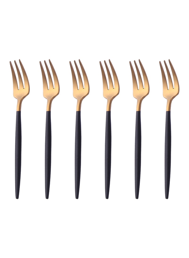 6-Piece Stainless Steel Matt Polish Cake Fork Set Gold/Black 13.3centimeter