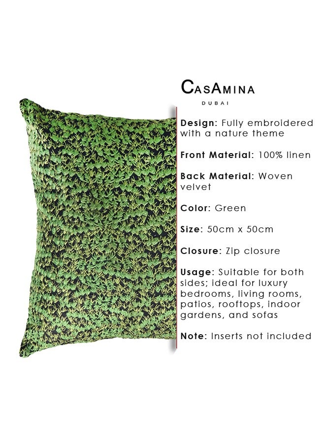 Ditsy Leaves Fully Embroidered  Green Throw Pillow Cover with Nature Theme| 100% Linen Ground | Woven Velvet Back Fabric| Suitable To Used Both Sides|Cushion Cover For Luxury Bedrooms Livingrooms Patios Rooftops Indoor Gardens Sofas | 50cm x 50cm  | Conceal Zip Closure