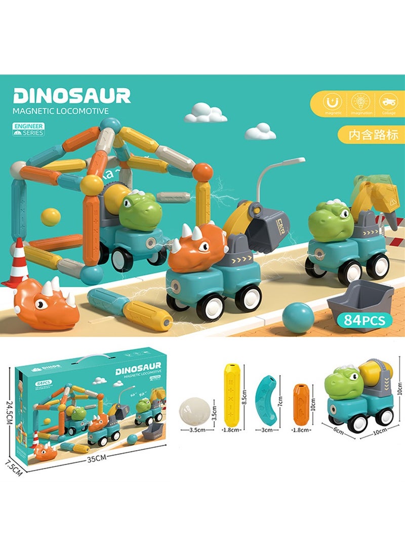 Magnetic Dinosaur Building Blocks Set 84PCS Educational STEM Toys for Toddlers Creative Construction Trucks and Excavators Perfect Birthday Gift for 3 Year Olds