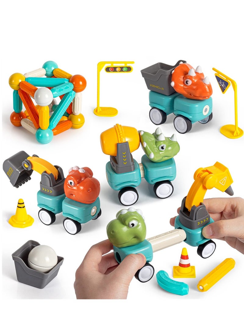 Magnetic Dinosaur Building Blocks Set 84PCS Educational STEM Toys for Toddlers Creative Construction Trucks and Excavators Perfect Birthday Gift for 3 Year Olds