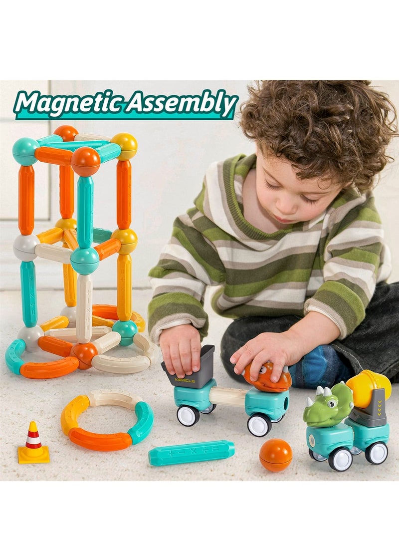 Magnetic Dinosaur Building Blocks Set 84PCS Educational STEM Toys for Toddlers Creative Construction Trucks and Excavators Perfect Birthday Gift for 3 Year Olds