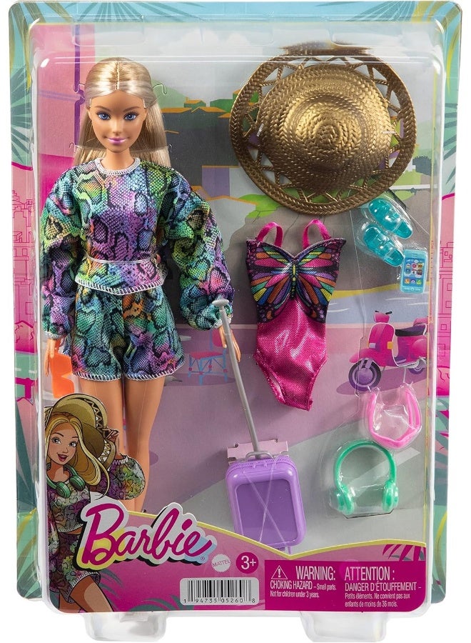 Barbie Holiday Fun Doll (12 inches), Blonde Highlighted Hair, Travel Tote & Hat, Swimsuit & Summer Accessories