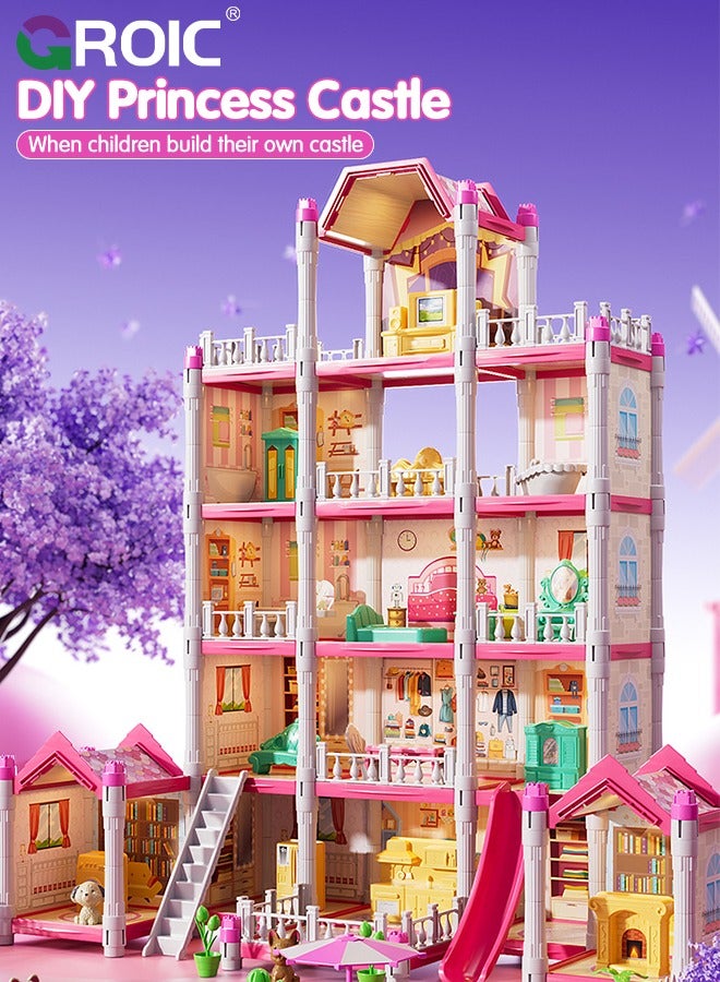 Dollhouse Doll House Toys, 5 Storeys 14 Rooms 3 Balcony, Large Dreamhouse Pretend Play Building Playset with 14 Rooms, Courtyard, Led Light & Slide, Dollhouse Asseccories and Furniture