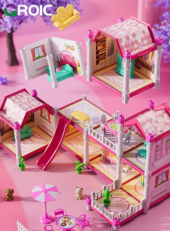 Dollhouse Doll House Toys, 5 Storeys 14 Rooms 3 Balcony, Large Dreamhouse Pretend Play Building Playset with 14 Rooms, Courtyard, Led Light & Slide, Dollhouse Asseccories and Furniture