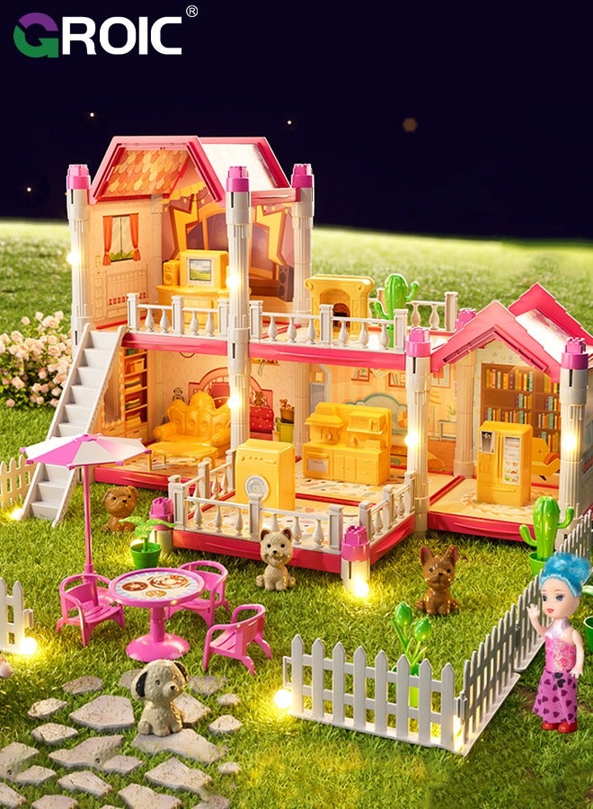 Dollhouse Doll House Toys, 5 Storeys 14 Rooms 3 Balcony, Large Dreamhouse Pretend Play Building Playset with 14 Rooms, Courtyard, Led Light & Slide, Dollhouse Asseccories and Furniture