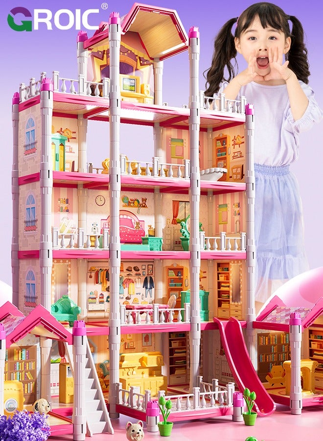 Dollhouse Doll House Toys, 5 Storeys 14 Rooms 3 Balcony, Large Dreamhouse Pretend Play Building Playset with 14 Rooms, Courtyard, Led Light & Slide, Dollhouse Asseccories and Furniture