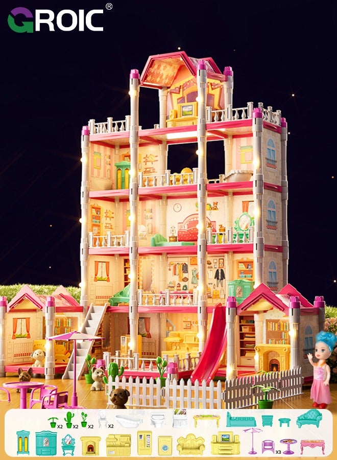 Dollhouse Doll House Toys, 5 Storeys 14 Rooms 3 Balcony, Large Dreamhouse Pretend Play Building Playset with 14 Rooms, Courtyard, Led Light & Slide, Dollhouse Asseccories and Furniture