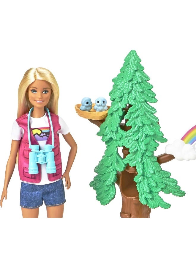 Barbie Wilderness Guide Doll and Playset, Blonde Fashion Doll with 10 Animal Figures, Tree, Rainbow and More