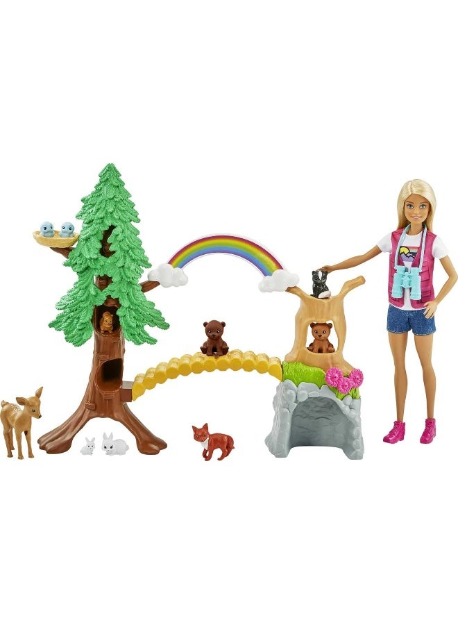 Barbie Wilderness Guide Doll and Playset, Blonde Fashion Doll with 10 Animal Figures, Tree, Rainbow and More