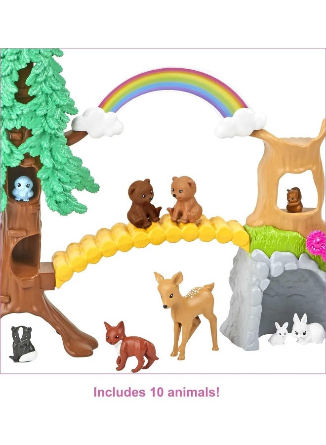 Barbie Wilderness Guide Doll and Playset, Blonde Fashion Doll with 10 Animal Figures, Tree, Rainbow and More