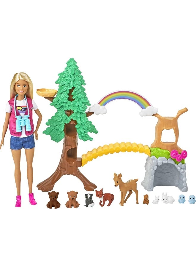 Barbie Wilderness Guide Doll and Playset, Blonde Fashion Doll with 10 Animal Figures, Tree, Rainbow and More