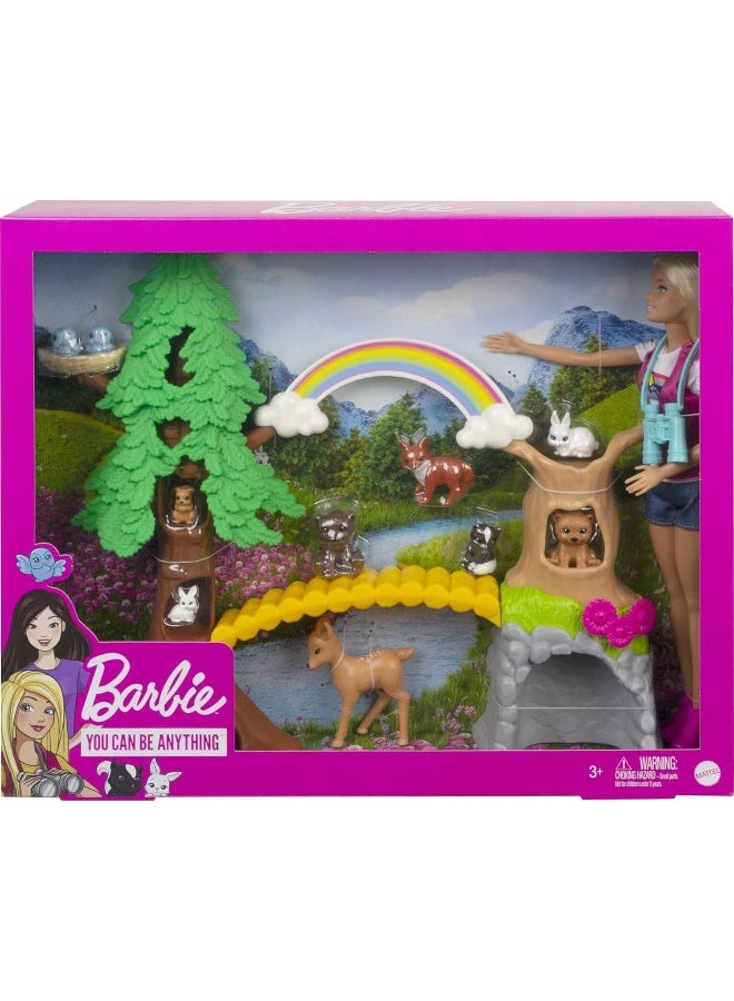 Barbie Wilderness Guide Doll and Playset, Blonde Fashion Doll with 10 Animal Figures, Tree, Rainbow and More