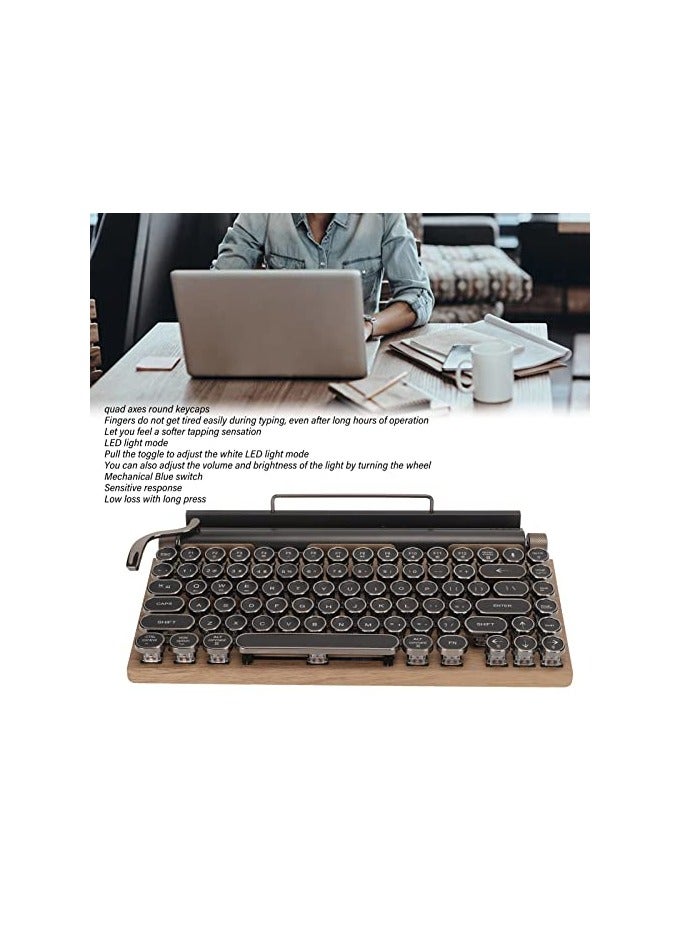 Typewriter Keyboard, 83 Keys 5.0 Mechanical Keyboard with Metal Round, Wireless Keyboard for Desktop PC/Laptop/Phone, Punk Vintage (Wood Grain Color)