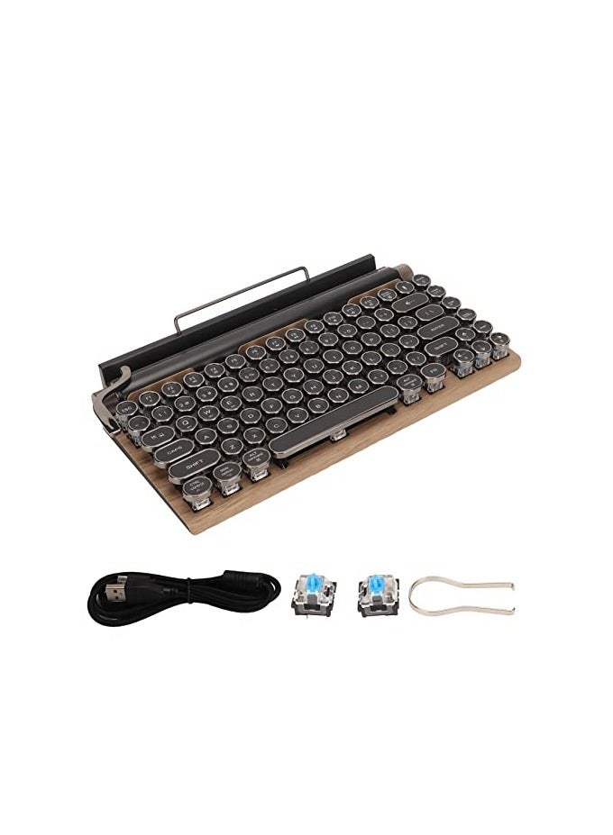 Typewriter Keyboard, 83 Keys 5.0 Mechanical Keyboard with Metal Round, Wireless Keyboard for Desktop PC/Laptop/Phone, Punk Vintage (Wood Grain Color)