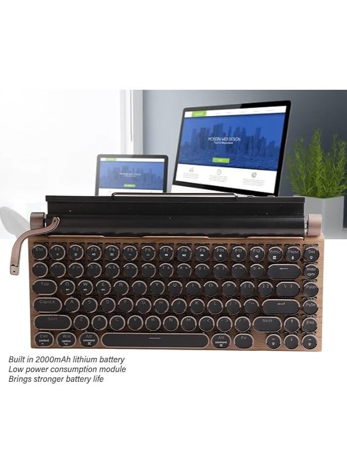 Typewriter Keyboard, 83 Keys 5.0 Mechanical Keyboard with Metal Round, Wireless Keyboard for Desktop PC/Laptop/Phone, Punk Vintage (Wood Grain Color)