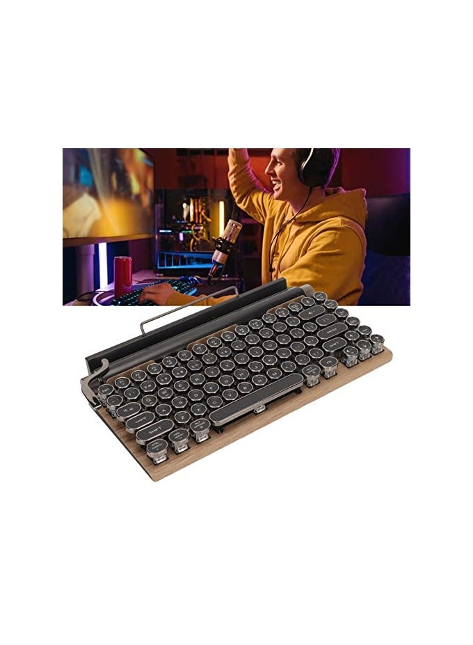 Typewriter Keyboard, 83 Keys 5.0 Mechanical Keyboard with Metal Round, Wireless Keyboard for Desktop PC/Laptop/Phone, Punk Vintage (Wood Grain Color)