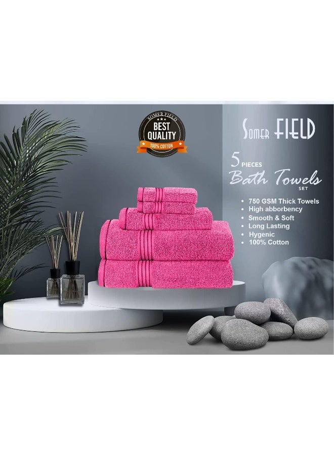 Somer Field - Towels - Premium Quality 5 Piece Soft 100% Cotton 750 GSM Highly Absorbent Bathroom Towels Set (1 Beach Towel + 1 Bath Towel + 1 Hand Towel + 2 Face Towel (Baby Pink)