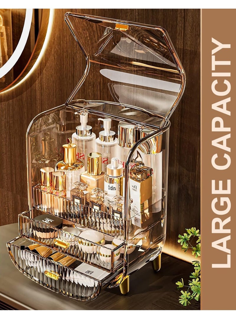 Makeup Organizer Large Capacity Cosmetics Makeup Organizer for Vanity Dustproof Waterproof Cosmetics Display Case with Drawers for Skincare Lipstick Brushes and Jewelry