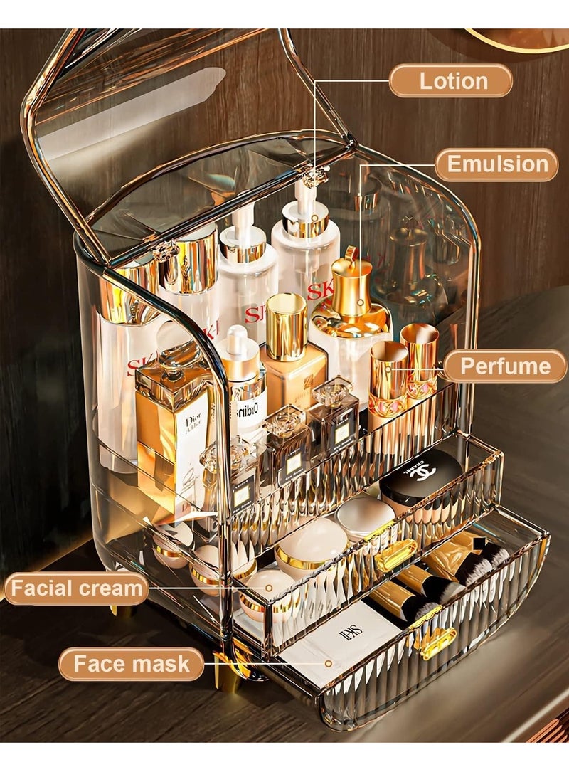 Makeup Organizer Large Capacity Cosmetics Makeup Organizer for Vanity Dustproof Waterproof Cosmetics Display Case with Drawers for Skincare Lipstick Brushes and Jewelry