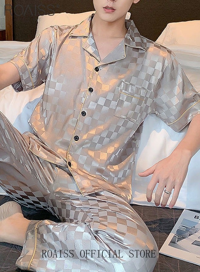 3-Piece Set Men's Short Sleeves Pajamas Pants Trousers Sleepwear Sets Satin Grid Printing Silk Nightgown Male Loose Shirts Spring Summer Loungewear Home Clothes