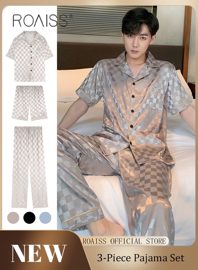 3-Piece Set Men's Short Sleeves Pajamas Pants Trousers Sleepwear Sets Satin Grid Printing Silk Nightgown Male Loose Shirts Spring Summer Loungewear Home Clothes