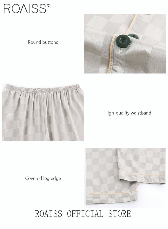 3-Piece Set Men's Short Sleeves Pajamas Pants Trousers Sleepwear Sets Satin Grid Printing Silk Nightgown Male Loose Shirts Spring Summer Loungewear Home Clothes