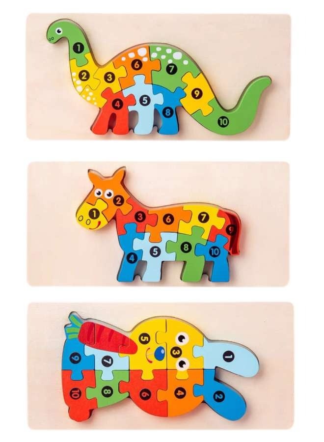 3D Cartoon Cognitive Wooden Large Particle Puzzle Three in One Set Dinosaur Rabbit Pony 2-4 Years Old 3-6 Years Old Children's Toys Parent-Child Interaction Montessori Children's Learning Aids Animal Cartoon Image Color Early Education Toys