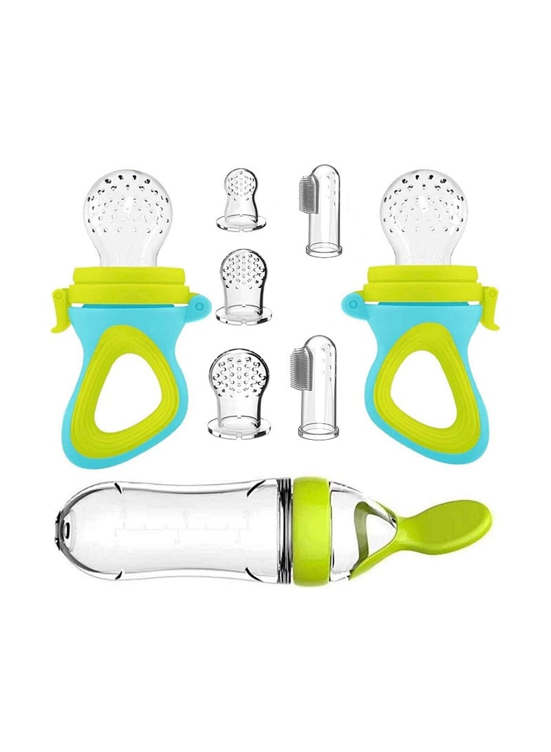 Baby Food Feeder, 2 Pack Baby Fruit Feeder Pacifier Fresh Food Feeder with 3 Sizes Silicone Pouches, 2 Silicone Baby Toothbrushes,1 Baby Feeding Spoons for Toddlers Infant