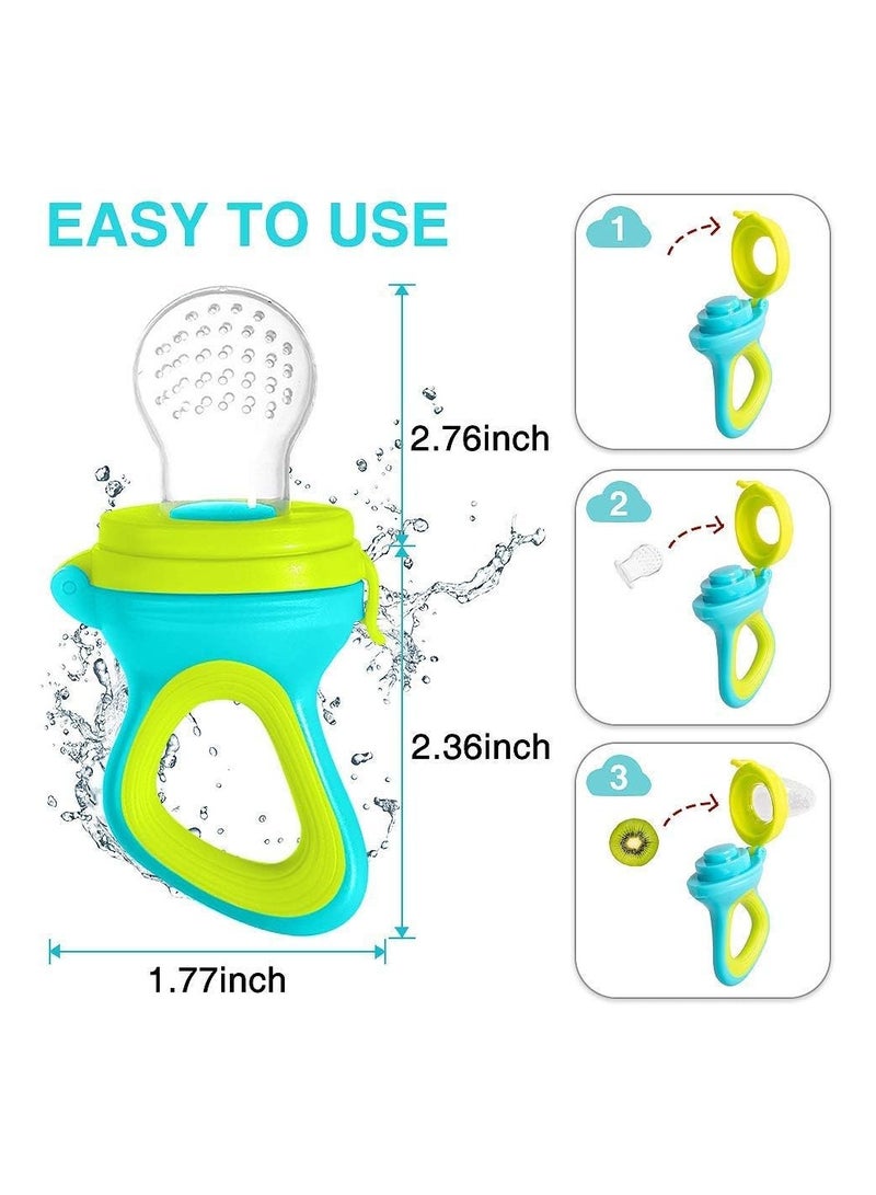 Baby Food Feeder, 2 Pack Baby Fruit Feeder Pacifier Fresh Food Feeder with 3 Sizes Silicone Pouches, 2 Silicone Baby Toothbrushes,1 Baby Feeding Spoons for Toddlers Infant