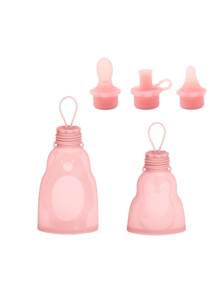 Home Fresh-Keeping Portable Silicone Breast Milk Bag Can Be Refrigerated And Reused Pink 300ml+180ml (2 Bags + 3 Nipples)