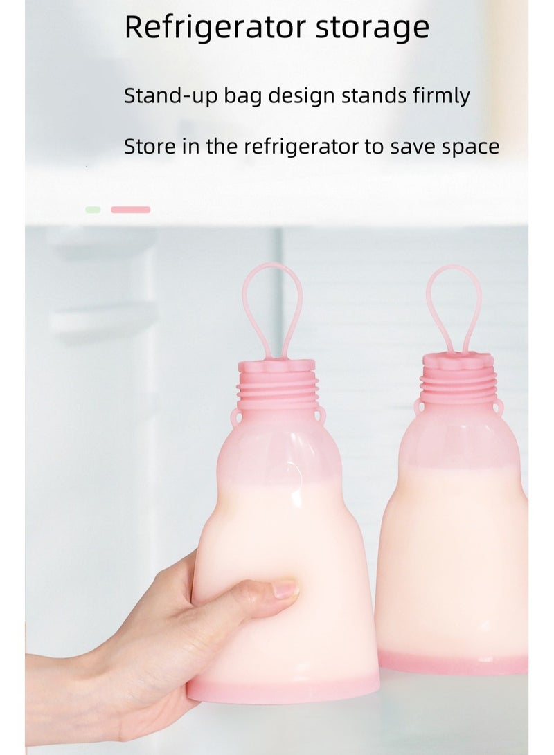 Home Fresh-Keeping Portable Silicone Breast Milk Bag Can Be Refrigerated And Reused Pink 300ml+180ml (2 Bags + 3 Nipples)