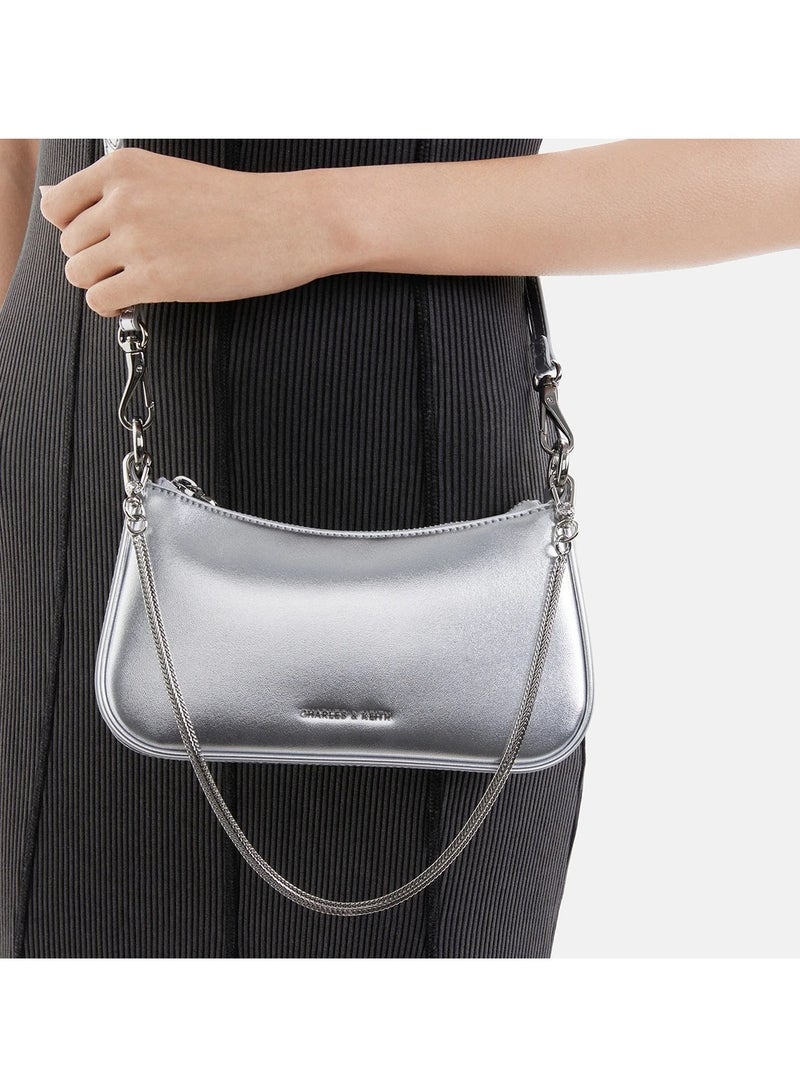 CHARLES & KEITH Crossbody Bag Metallic Curved Shoulder Bag - Silver