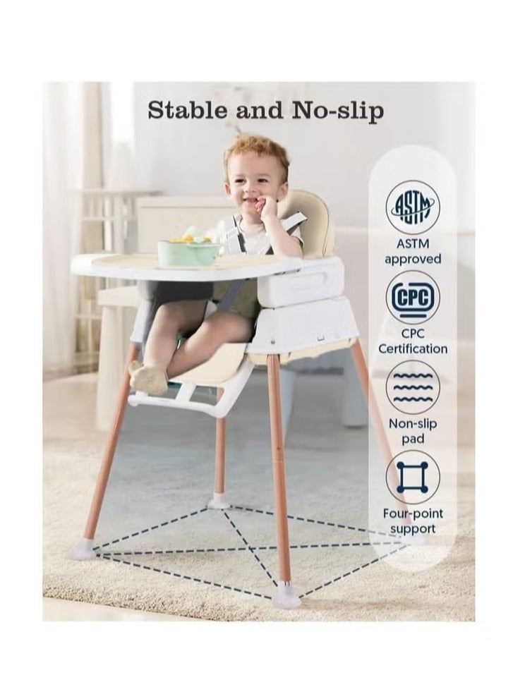 3 in 1 Baby & Infant Dining Chair, Baby High Chair, Foldable Dining Chair, Easy Clean Removable Cushion with Adjustable and Foldable Feet, 5-Point Safety Belt CY-74156 (Beige)