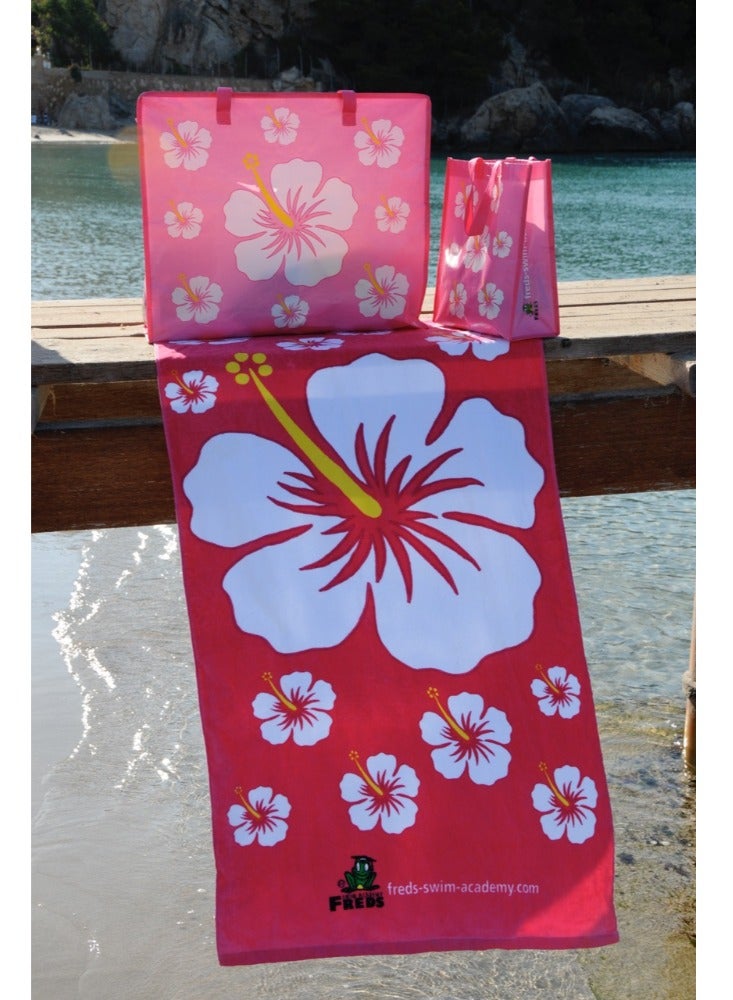 FREDS Velour Beach Towel (Pink) Hibiscus Design 140 x 70 cm Machine Washable