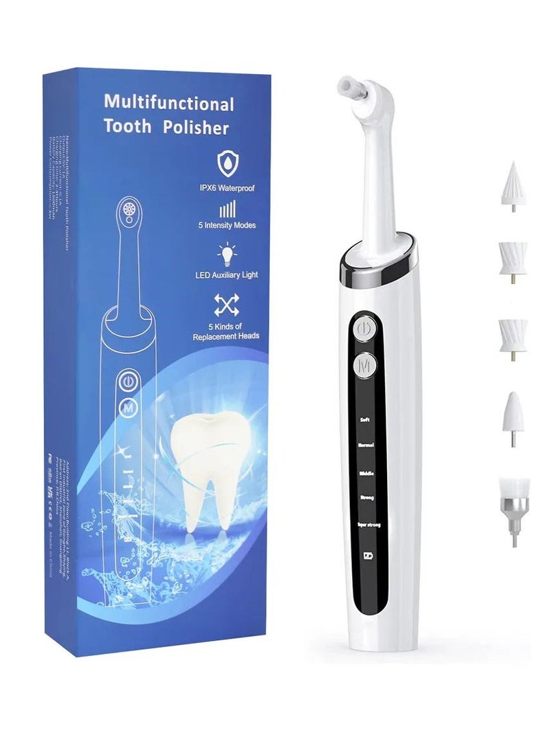 Electric Tooth Polisher Teeth Whitening Kit with 5 Replacement Heads LED Light USB Rechargeable IPX6 Waterproof 5 Modes Teeth Whitening Dental Calculus Removal for Better Whitening Effect