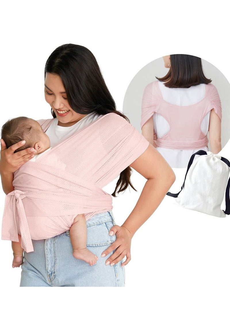 Baby Wrap Carrier Summer Mesh Breathable Baby Carrier Easy to Wear Hands-Free Baby Carrier Moisture Wicking Soft Ideal for Newborns and Kids Under 44lbs (Pink)