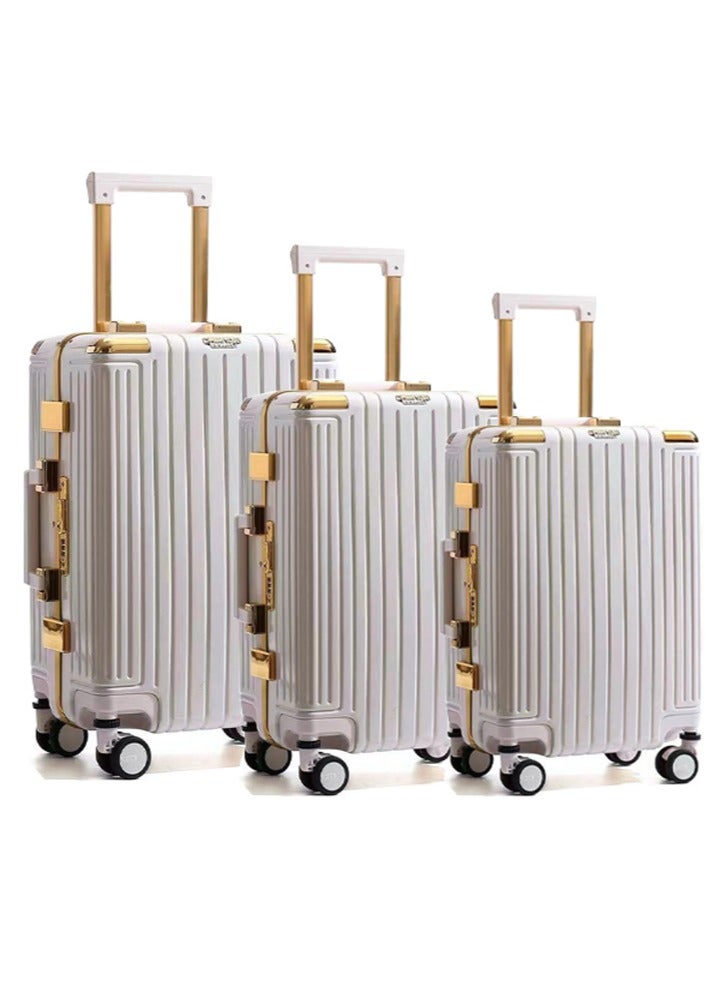 3 PCS TROLLEY LUGGAGE ALUMINUM FRAME POLY CARBON MATERIAL, LUGGAGE SUITCASE SET AND CABIN LUGGAGE BAG SET WHITE COLOUR