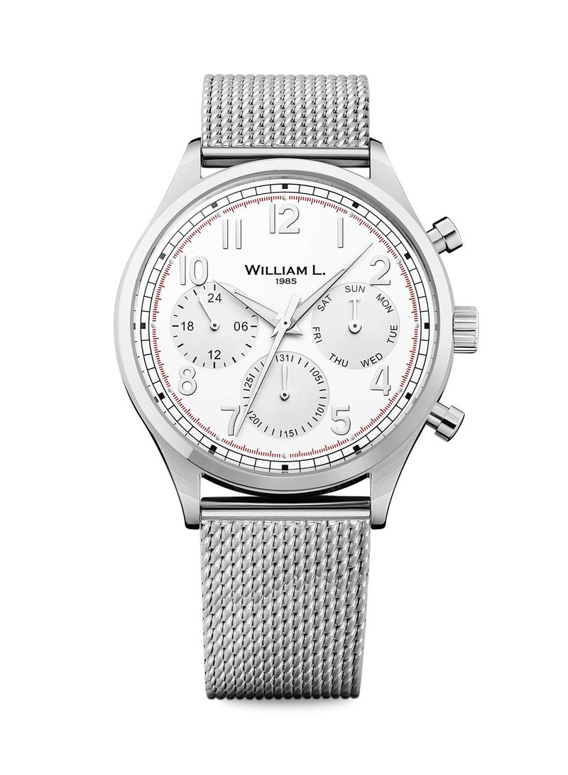 William L. 1985 Men's Analogue Quartz Vintage Style White Dial Men's Stainless Steel Mesh Band Strap Watch - WLAC03BOMM