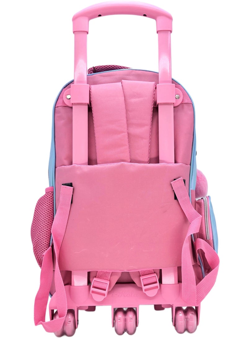 Blue Pink Love Design Rolling Backpack 18 inch Wheeled Kids Backpack with Lunch Bag and Pencil Case for Girls Blue and Pink